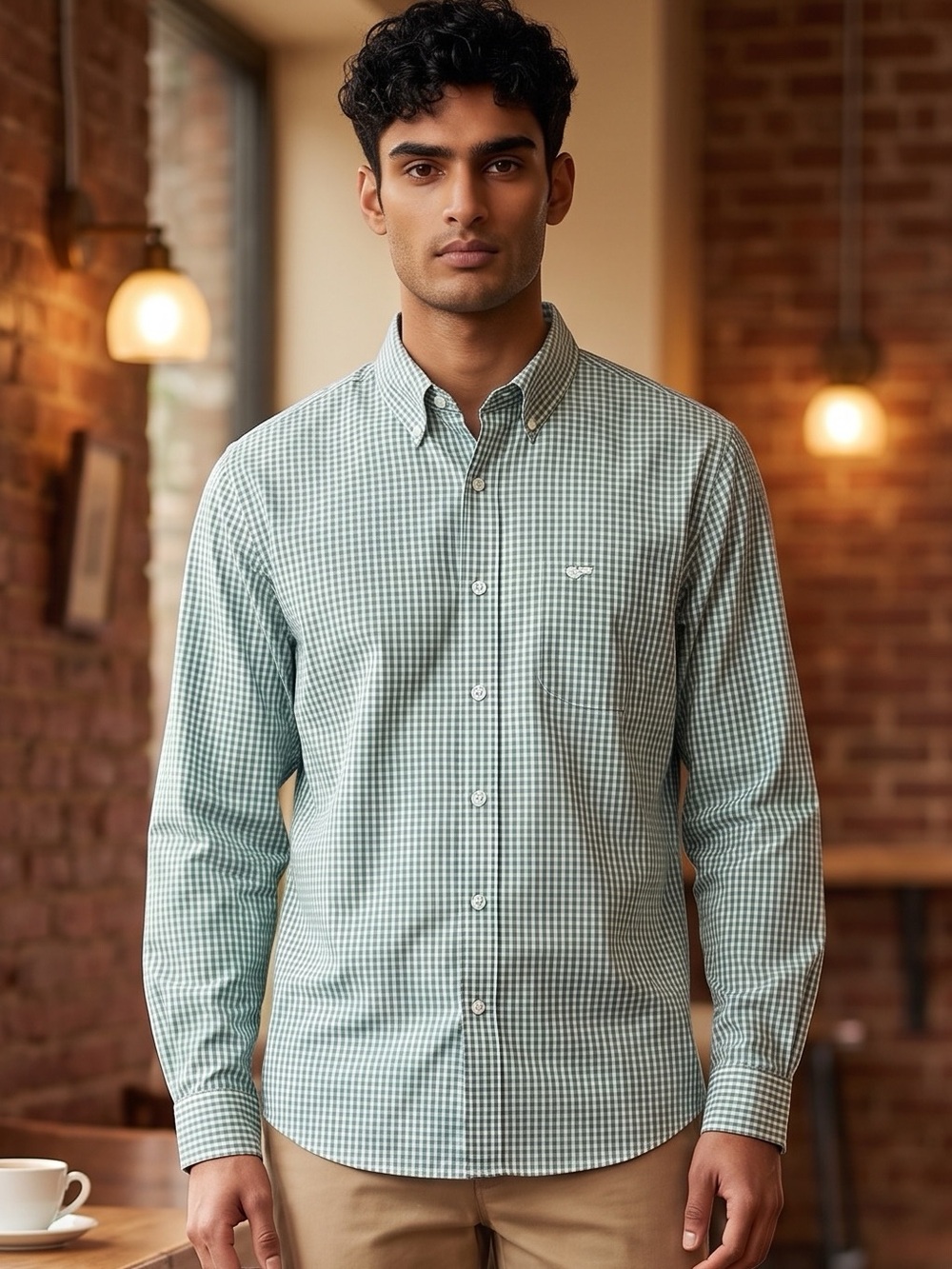 Dockers Mens Size XL Cotton Blend White Teal Green Gingham Check Print Shirt